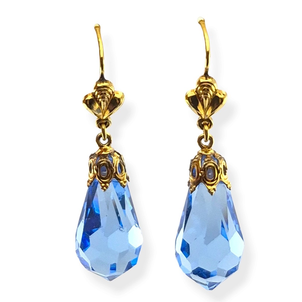 Vintage Rolled Gold Aquamarine Blue Glass Briolette Dangle Drop Earrings RG
